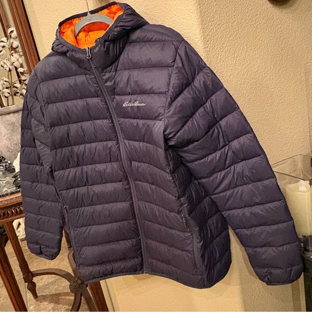 Eddie Bauer Navy Orange CirrusLite Down Puffer Hooded Zip Jacket Size Medium - Picture 3 of 10